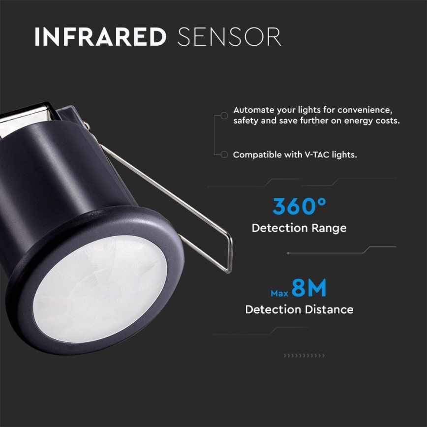 Infälld rörelsesensor PIR 360° 400W/230V svart