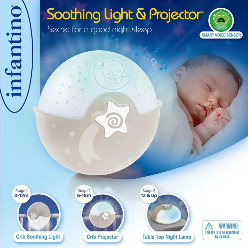 Infantino - Liten barnlampa med projektor 3xAA grå