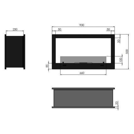 InFire - Built-in BIO fireplace 90x50 cm 3kW bifacial