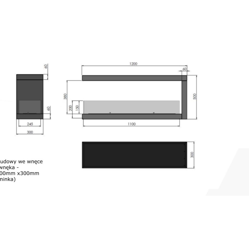 InFire - Corner BIO fireplace 120x50 cm 3kW bifacial