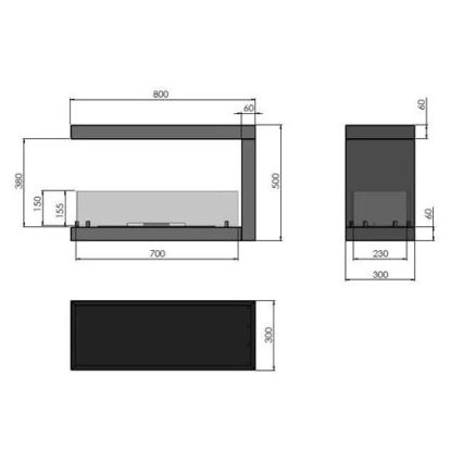 InFire - Corner BIO fireplace 80x50 cm 3kW bifacial