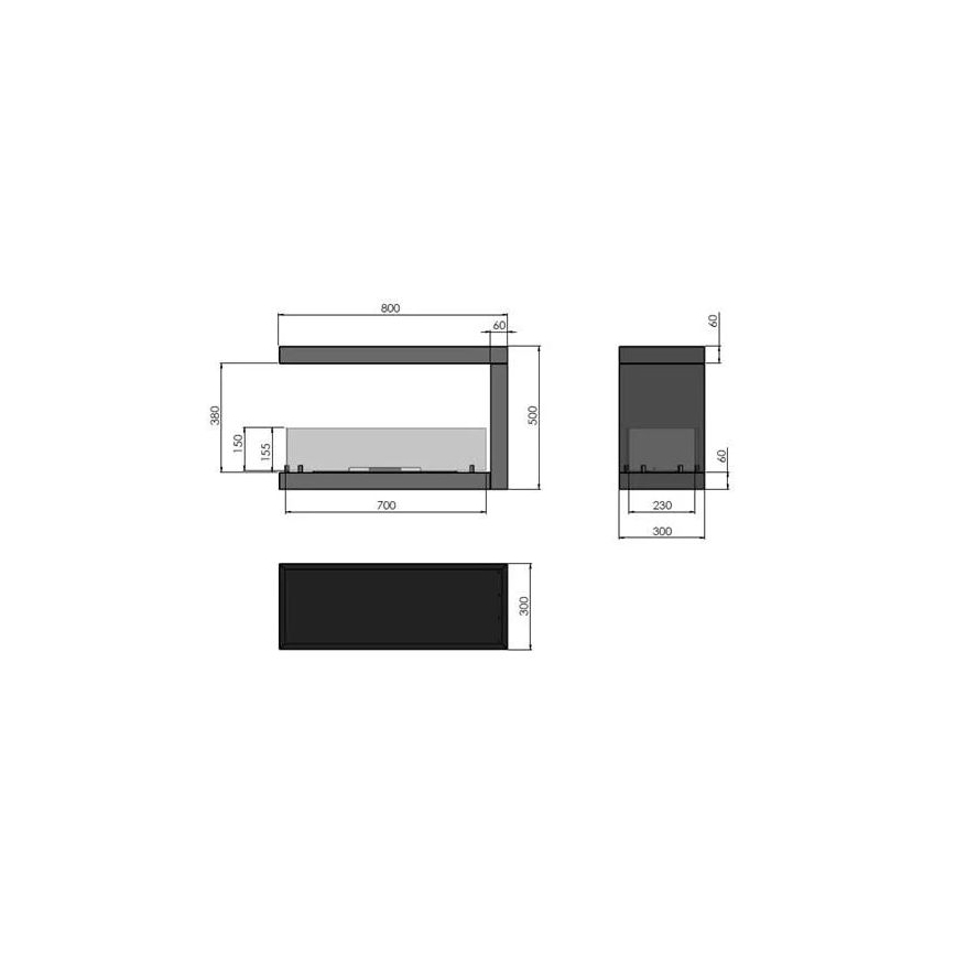 InFire - Corner BIO fireplace 80x50 cm 3kW bifacial