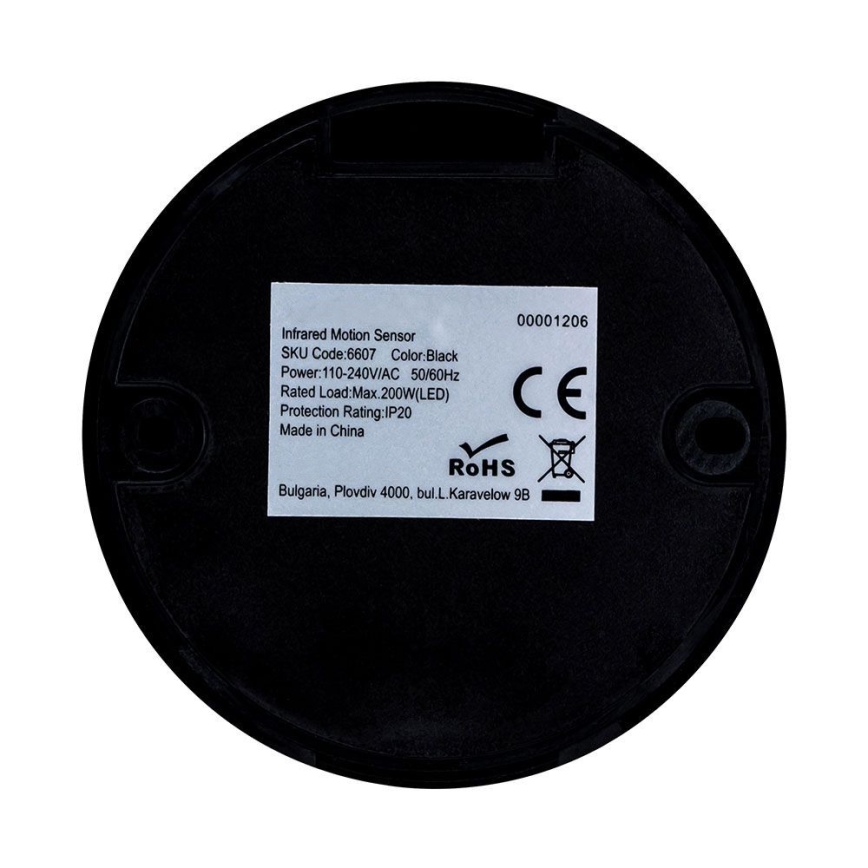 Infraröd rörelsesensor 360° 200W/230V svart