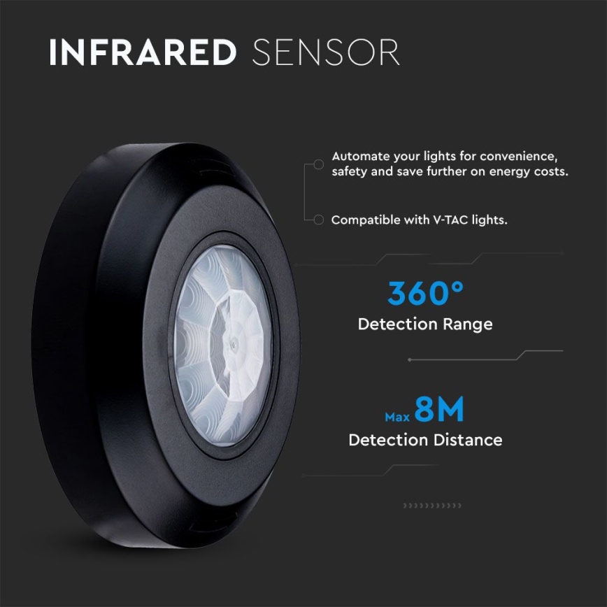 Infraröd rörelsesensor 360° 200W/230V svart