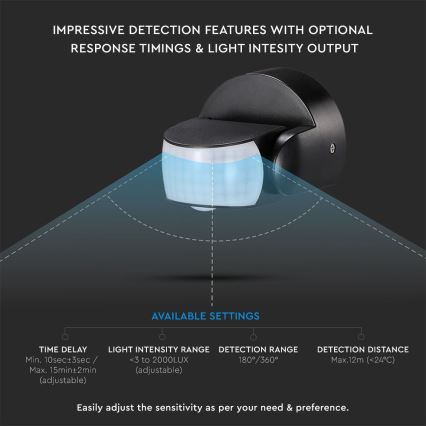 Infraröd utomhusrörelsesensor 180/360° 600W/230V IP65 svart