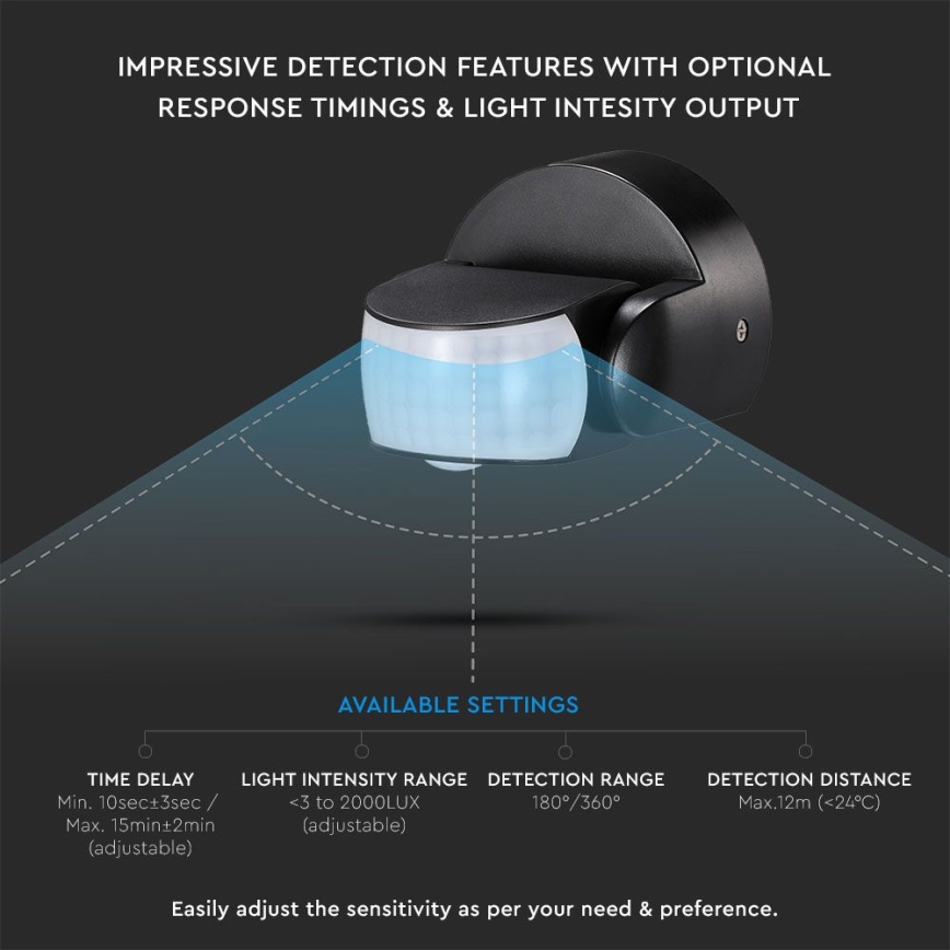 Infraröd utomhusrörelsesensor 180/360° 600W/230V IP65 svart