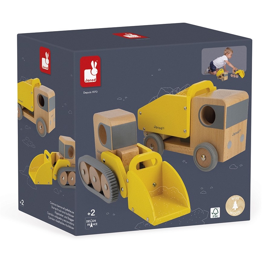Janod - Wooden excavator och truck BOLID