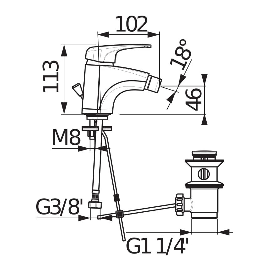 JIKA H3411U10041111 - Kran till bidé + avlopp utan överflöd DEEP 11,3 cm skinande krom
