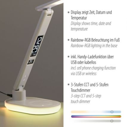 JUST LIGHT. 11018-16 - LED RGBW Dimbar Touch Bords- och Skrivbordslampa med Trådlös Laddning TINA LED/4W/230V Vit