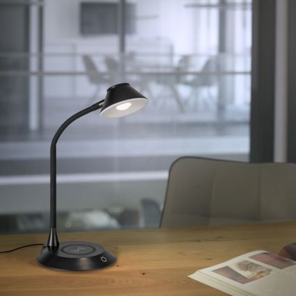 JUST LIGHT. 14414-18 - Dimbar flexibel touch-bordslampa med trådlös laddning PUCKI LED/4,5W/230V svart