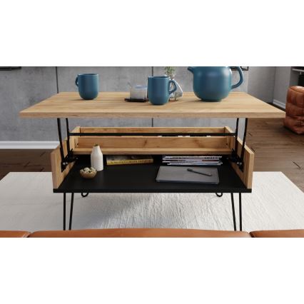 Kaffebord med lyfttopp och hylla HALIJA ek/svart
