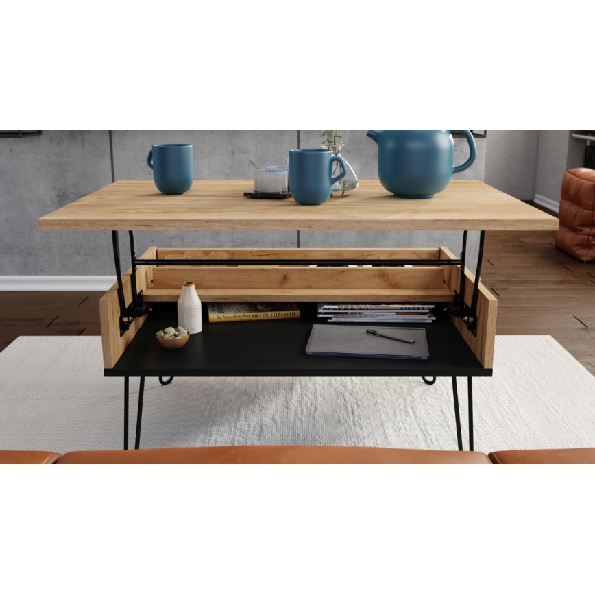 Kaffebord med lyfttopp och hylla HALIJA ek/svart