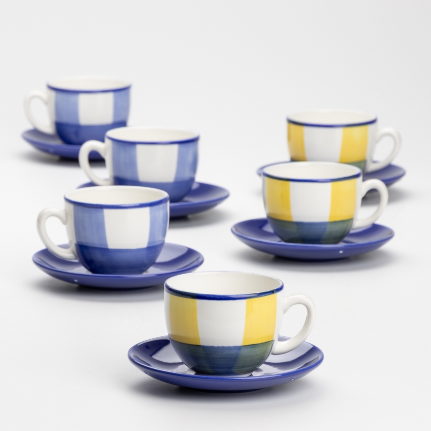 Kaffeservis 6x keramisk kopp Tereza med fat vit blå gul