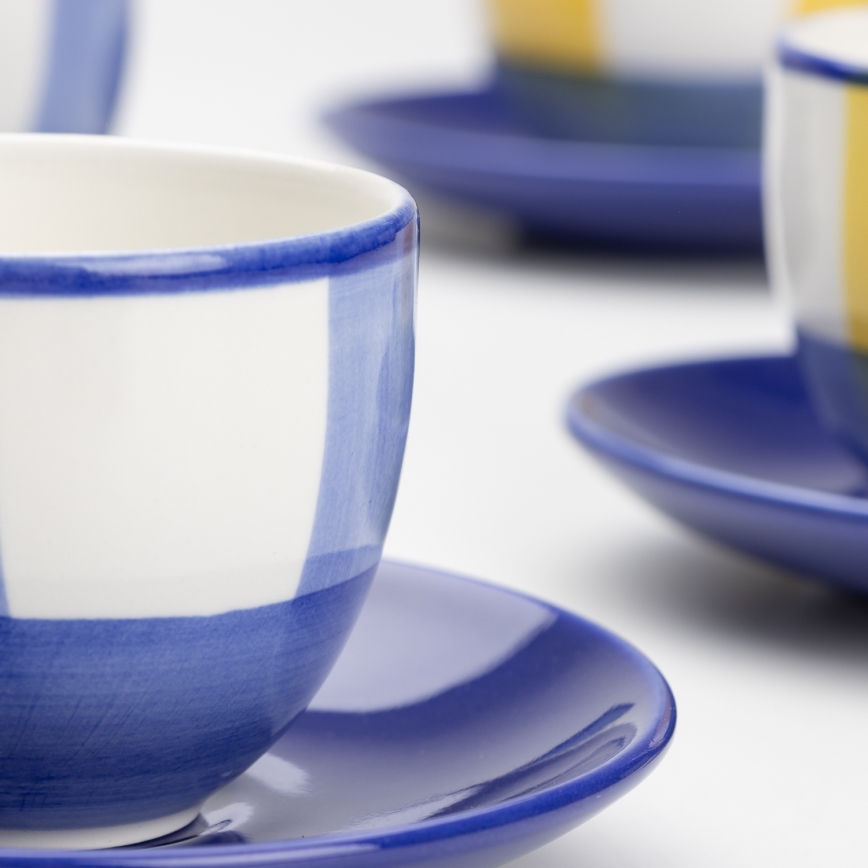 Kaffeservis 6x keramisk kopp Tereza med fat vit blå gul