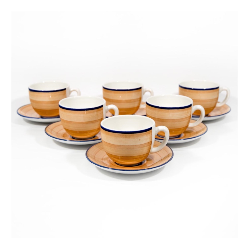 Kaffeset 6x keramisk kopp med fat orange blå