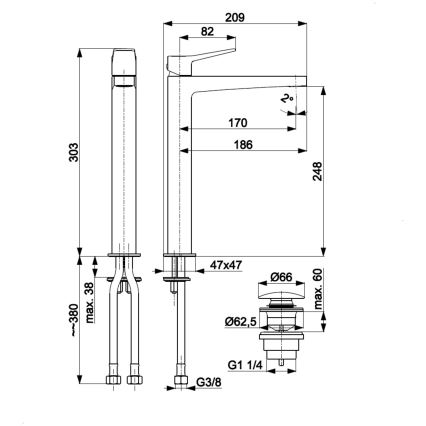 KFA Armatura 4522-712-61 - Tvättställsblandare + bottenventil MALAGA 30,3 cm metallgrå