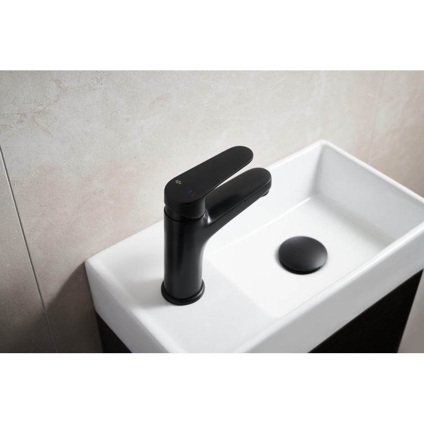 KFA Armatura 5552-815-81 - Kran till handfat + avlopp med bräddavlopp OTAVA 15 cm matt svart
