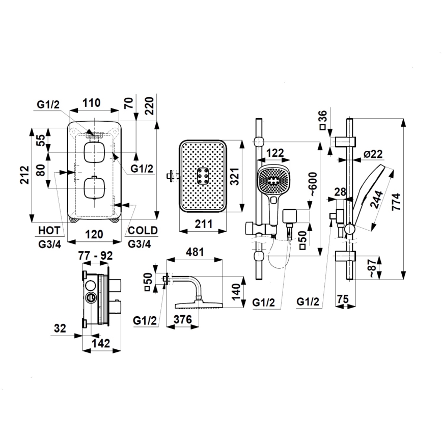KFA Armatura 5759-301-00 - Duschset med termostatisk inbyggnadsblandare MALAGA, polerat krom