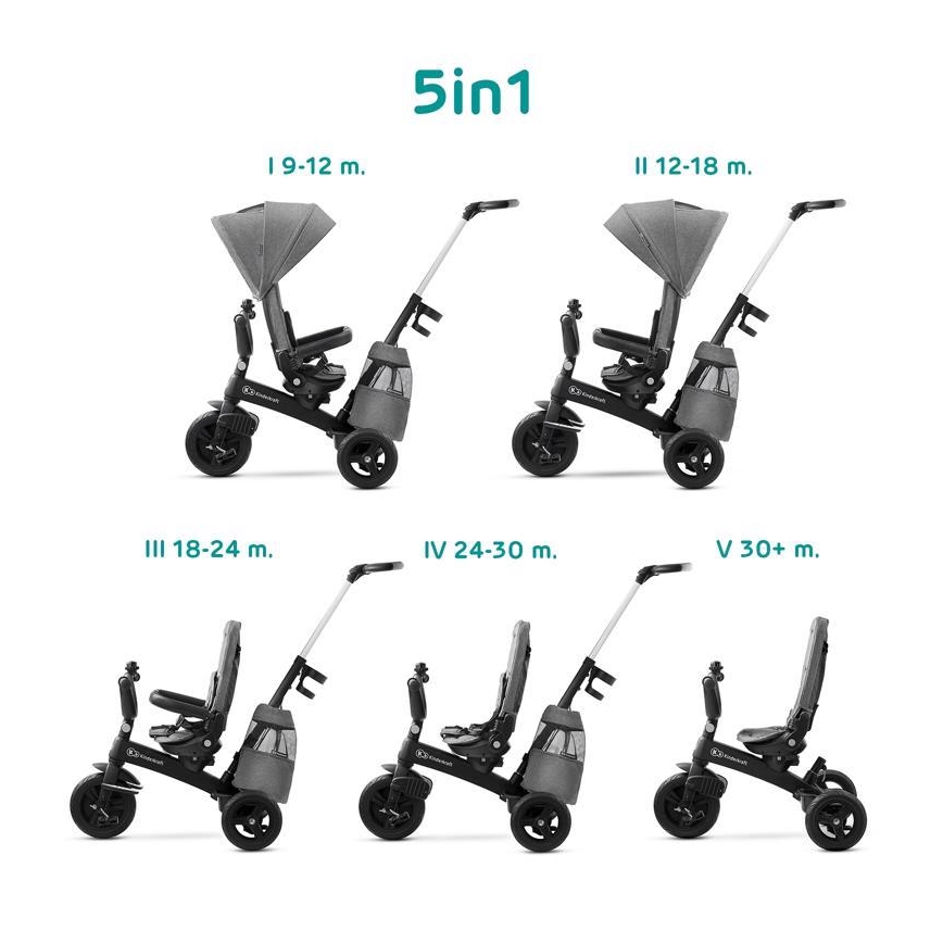 KINDERKRAFT - Barn trehjuling 5v1 EASYTWIST grå/svart