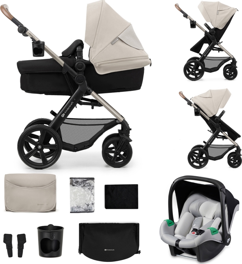 KINDERKRAFT - Kombinations barnvagn 3i1 MOOV 2 Moonlight grå + bilstol MINK PRO