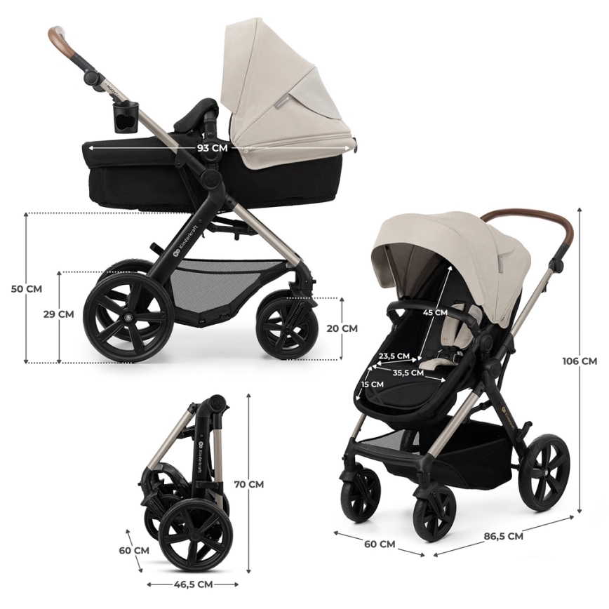 KINDERKRAFT - Kombinations barnvagn 3i1 MOOV 2 Moonlight grå + bilstol MINK PRO