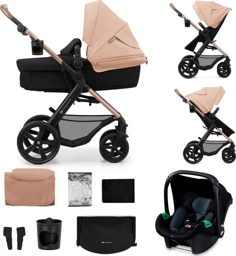 KINDERKRAFT - Kombinations barnvagn 3i1 MOOV 2 Sand beige + bilstol MINK PRO