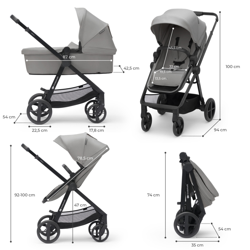 KINDERKRAFT - Kombinations barnvagn 3i1 NEWLY Moonlight grå  + bilstol MINK PRO