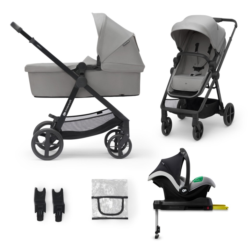 KINDERKRAFT - Kombinations barnvagn 4v1 NEWLY Klassisk grå + bilstol MINK PRO med bas ISOFIX