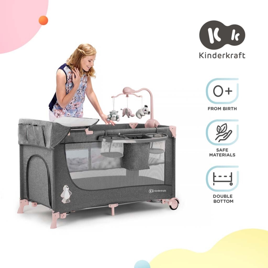 KINDERKRAFT - Resesäng JOY med tillbehör grå-PINK