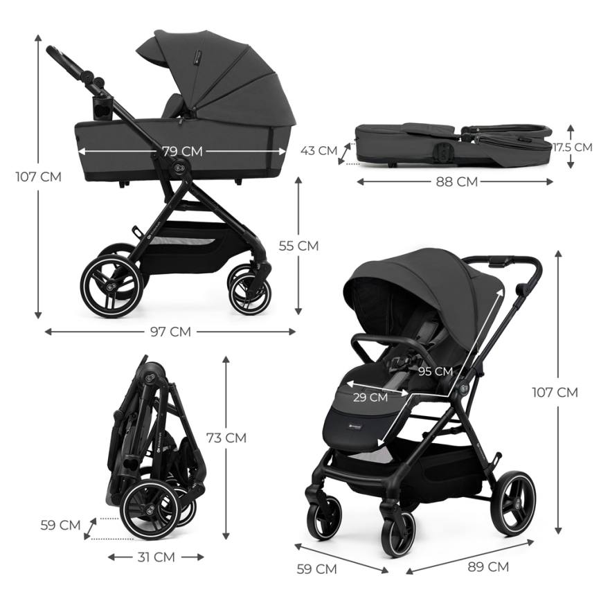 KINDERKRAFT SELECT - Kombinations barnvagn 2i1 YOXI Moonlight grå