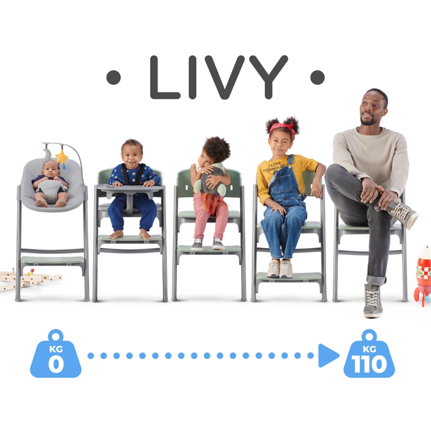 KINDERKRAFT SELECT - Matstol för barn 3i1 LIVY Premium Olive grön + solstol CALMEE