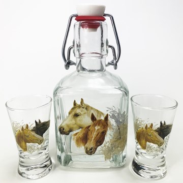 Kit 1x glas flaska och 2x snappsglas genomskinlig med hästmotiv