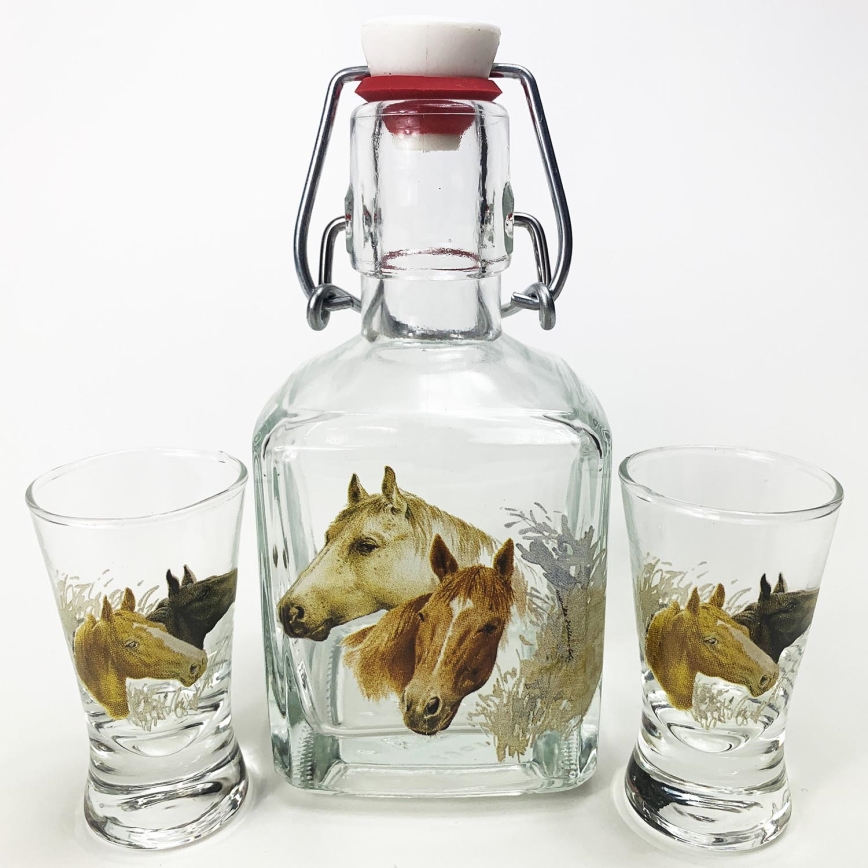 Kit 1x glas flaska och 2x snappsglas genomskinlig med hästmotiv