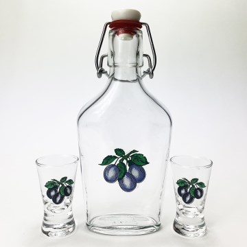 Kit 1x glas flaska och 2x snappsglas genomskinlig med plommontryck