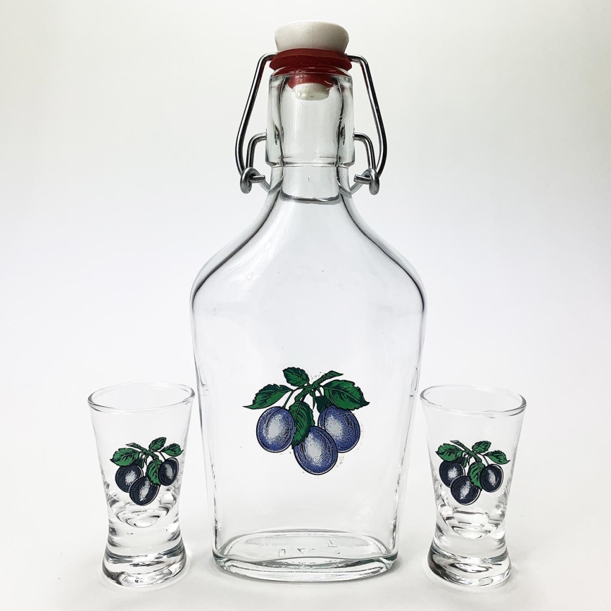 Kit 1x glas flaska och 2x snappsglas genomskinlig med plommontryck
