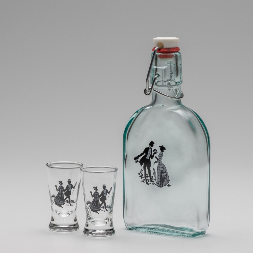 Kit 1x glasflaska och 2x snappsglas genomskinlig med dansmotiv