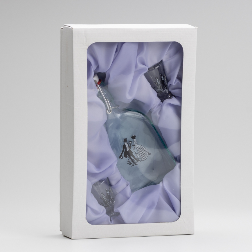 Kit 1x glasflaska och 2x snappsglas genomskinlig med dansmotiv