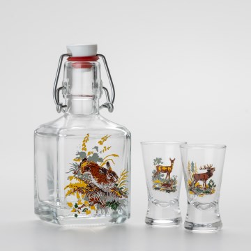 Kit 1x glasflaska och 2x snappsglas genomskinlig med djurtryck - hare