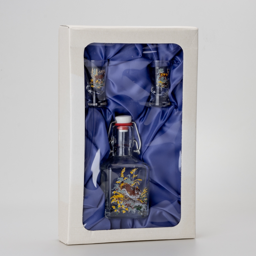 Kit 1x glasflaska och 2x snappsglas genomskinlig med djurtryck - hare