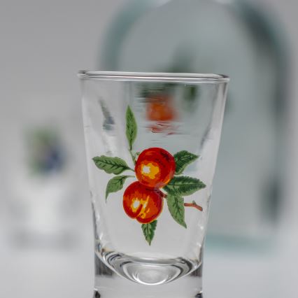 Kit 1x glasflaska och 2x snappsglas genomskinlig med ett aprikosmotiv