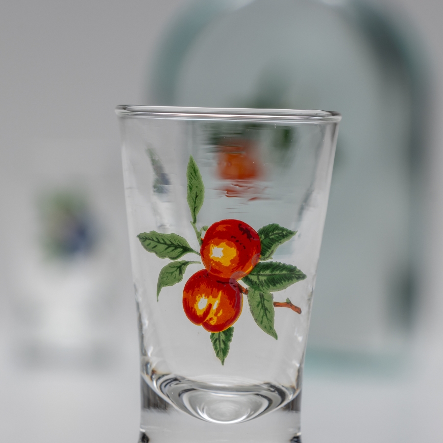 Kit 1x glasflaska och 2x snappsglas genomskinlig med ett aprikosmotiv