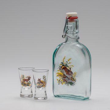 Kit 1x glasflaska och 2x snappsglas genomskinlig med harmotiv
