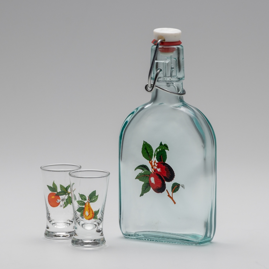 Kit 1x glasflaska och 2x snappsglas genomskinlig med körsbärsmotiv