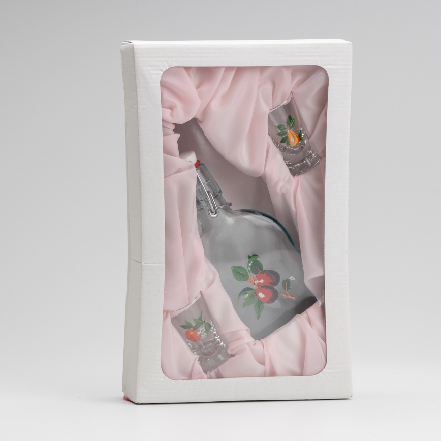 Kit 1x glasflaska och 2x snappsglas genomskinlig med körsbärsmotiv