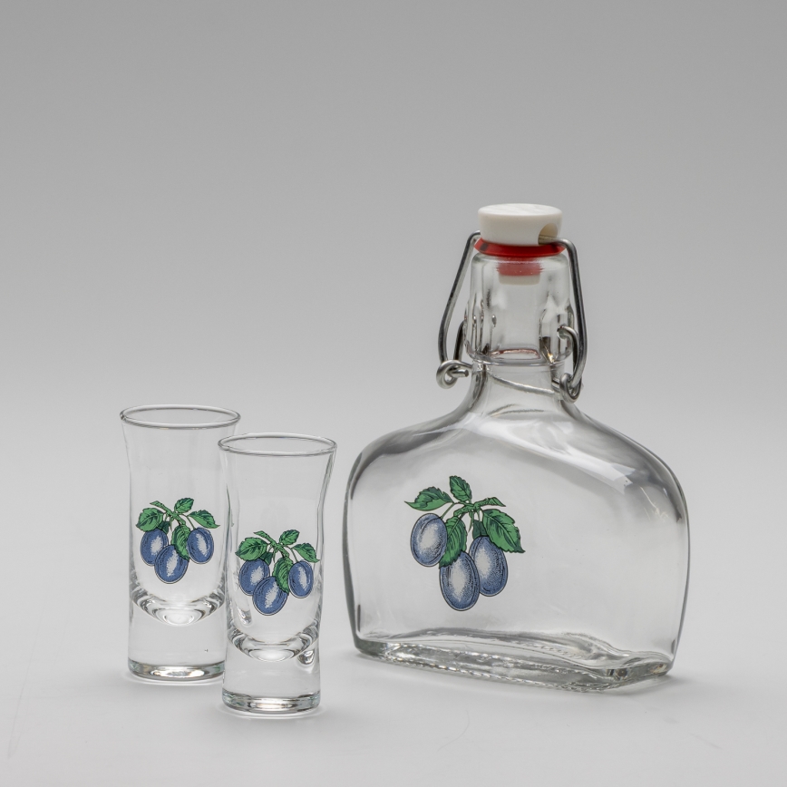 Kit 1x glasflaska och 2x snappsglas genomskinlig med plommontryck