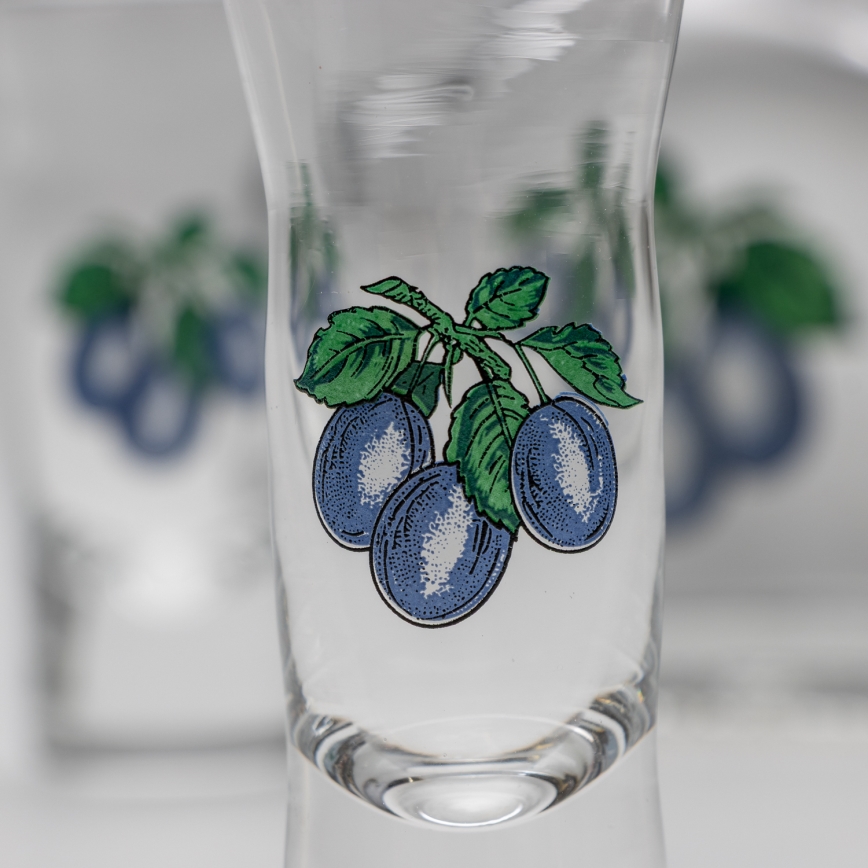 Kit 1x glasflaska och 2x snappsglas genomskinlig med plommontryck