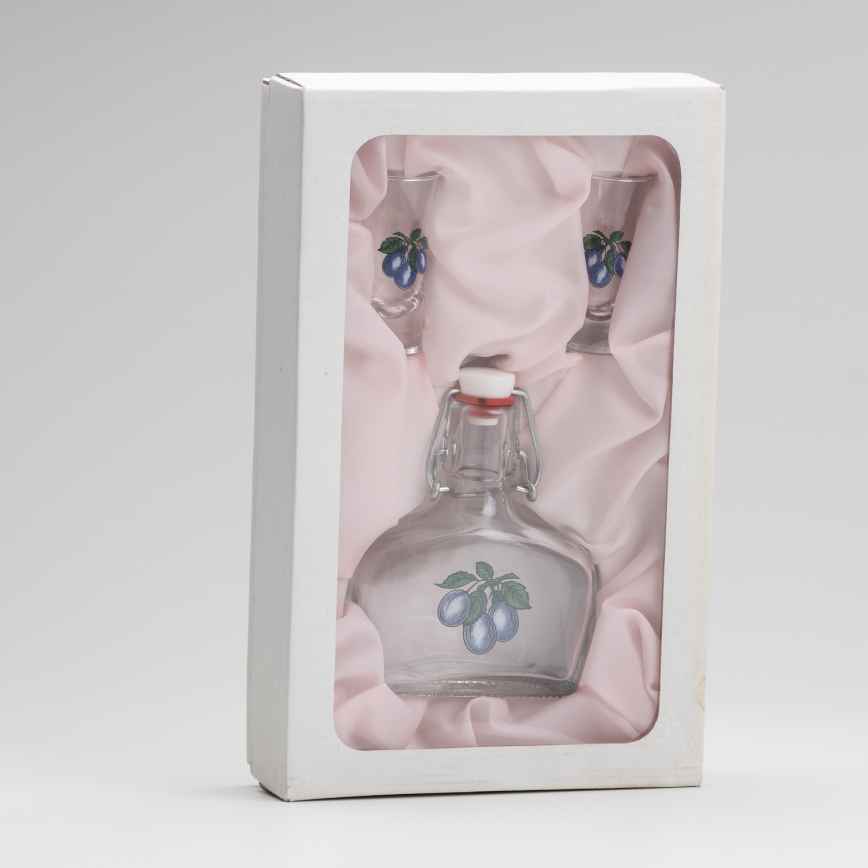 Kit 1x glasflaska och 2x snappsglas genomskinlig med plommontryck