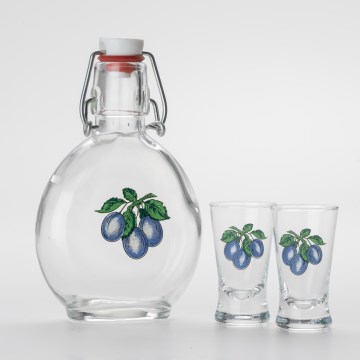 Kit 1x glasflaska och 2x snappsglas genomskinlig med plommontryck