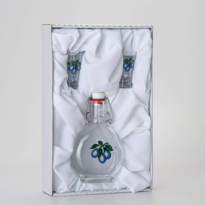 Kit 1x glasflaska och 2x snappsglas genomskinlig med plommontryck