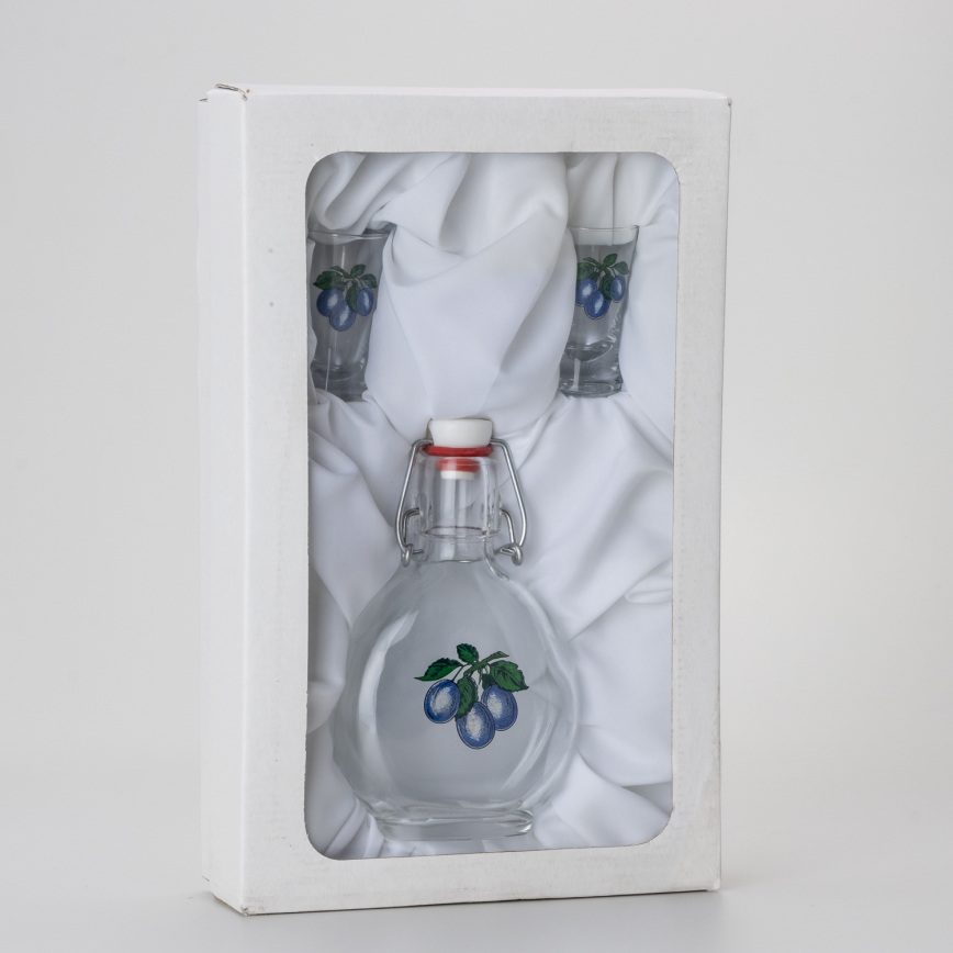 Kit 1x glasflaska och 2x snappsglas genomskinlig med plommontryck